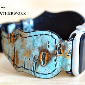 Leather Watch Band Strap turquoise and black gold embossed Apple 38mm 40mm 41mm 42mm 44mm 45mm 46mm 49mm Samsung Galaxy Ultra 47 Watch 8