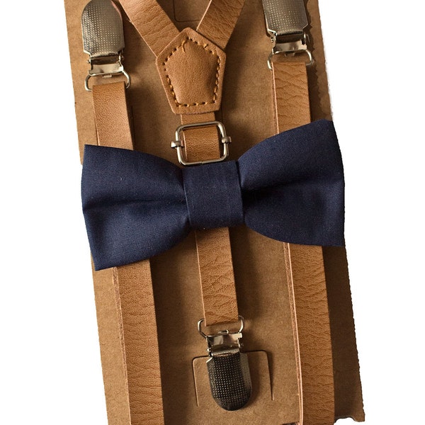 Navy Blue Bow Tie Tan Skinny Leather Suspenders Set for Groomsmen, Rustic Wedding Outfit, Toddler Ring Bearer/Page Boy, Gift, Boys Braces