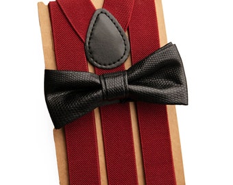 Burgundy/Wine Suspenders/Braces & Black Leather Bow Tie for Newborn-Adult, Grooms, Groomsmen, Ring Bearer/Page Boy, Men Wedding Outfit