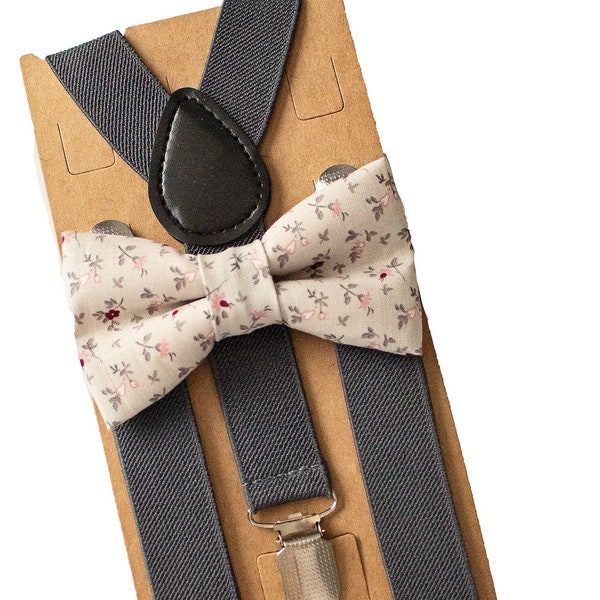 Groomsmen Dark Grey Suspenders/ Braces Grey Burgundy Floral Bow Tie for Kids-Men, Ring Bearer/Page Boy, Boys Birthday, Rustic Wedding Outfit