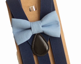 Navy Suspenders/Braces & Dusty Blue Bow Tie Fits Newborn-Adult. Perfect For Boy's Birthday, Ring Bearer/Page Boy, or Rustic Wedding Outfit