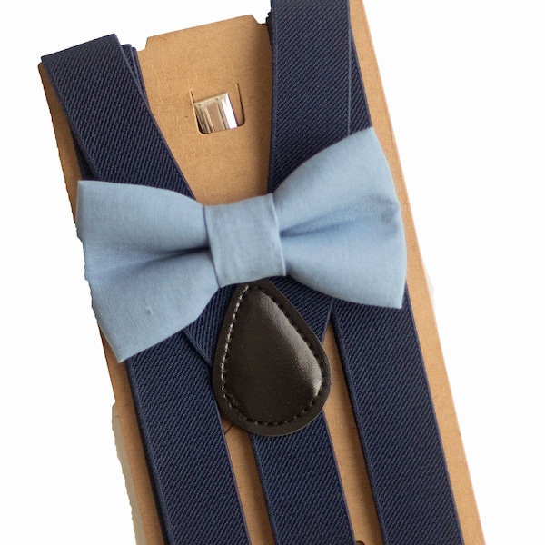 Navy Suspenders/Braces & Dusty Blue Bow Tie Fits Newborn-Adult. Perfect For Boy's Birthday, Ring Bearer/Page Boy, or Rustic Wedding Outfit