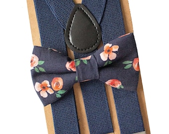 Navy Blue Coral Floral Bow Tie & Suspenders/Braces for Groomsmen, Groom, Boys Birthday, Ring Bearer/Page Boy,Rustic Wedding Outfit, Gift