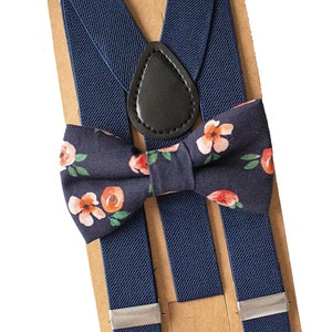 Navy Blue Coral Floral Bow Tie & Suspenders/Braces for Groomsmen, Groom, Boys Birthday, Ring Bearer/Page Boy,Rustic Wedding Outfit, Gift