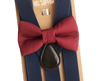 Navy Suspenders/Braces & Burgundy/Marsala/Wine Bow Tie for Newborn-Adult, Boys Birthday, Charcoal Ring Bearer/Page Boy,Rustic Wedding Outfit