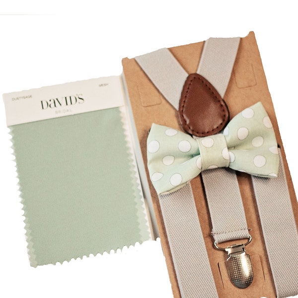 Dusty Sage Green Bow Tie Light Grey Suspenders- Groomsmen, Ring Bearer/Page Boy, Wedding Outfit,Gift for Men,Boys Braces M2M Davids Bridal