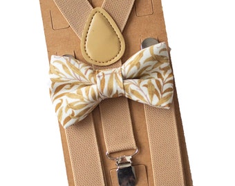 Beige Suspenders Floral Bow Tie for Kids-Adult. The perfect look for Groomsmen, Ring Bearer/Page Boys, Boy's Birthday, or a Wedding Outfit