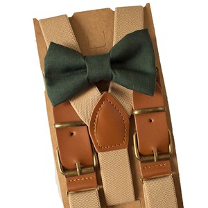 Rustic Dark Green Bow Tie Beige Leather Buckle Suspenders/Braces for Boys 1st Birthday, Men's Wedding Outfit,Ring Bearer/Page Boy, Groomsmen