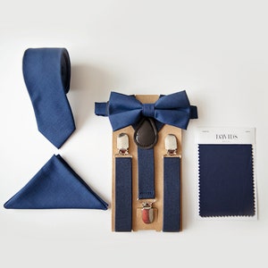 Navy Blue Bow Tie, Suspenders, Necktie & Pocket Square- Perfect For Groom, Groomsmen, Weddings, Ring Bearers Outfits, Cake Smash Photos,Gift