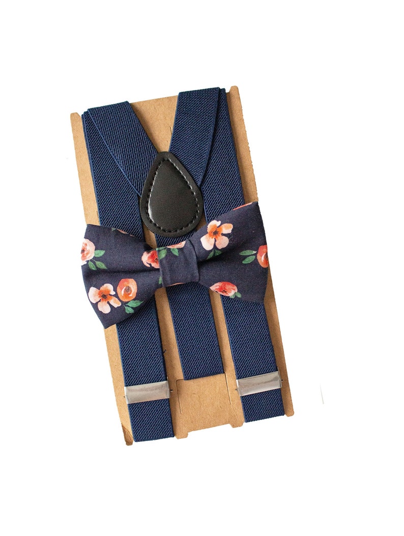 Navy Blue Coral Floral Bow Tie & Suspenders/Braces for image 1