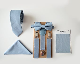 Dusty Blue Fliege Hosenträger Krawatte & Einstecktuch - perfekt für Ringträger Outfit, Trauzeugen, Hochzeiten, Davids Braut Dusty Blue