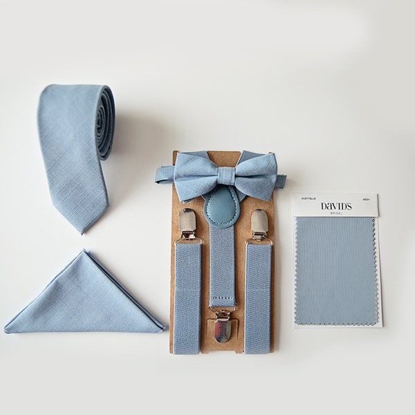 Dusty Blue Bow Tie Suspenders Necktie & Pocket Square- Perfecto para traje de portadores de anillos, padrinos de boda, bodas, azul polvoriento nupcial de David