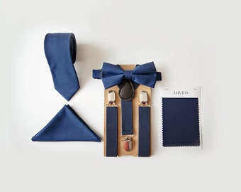 Navy Blue Bow Tie Suspenders Necktie & Pocket Square Set.  Perfect For Groom, Groomsmen, Weddings, Ring Bearers Outfits, Cake Smash Photos