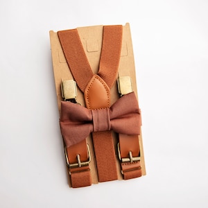 Dark Caramel Bow Tie Brown Leather Buckle Suspenders For Ring Bearer/Page Boy, Groomsmen, Thanksgiving, Wedding Outfit Newborn-Adult Size