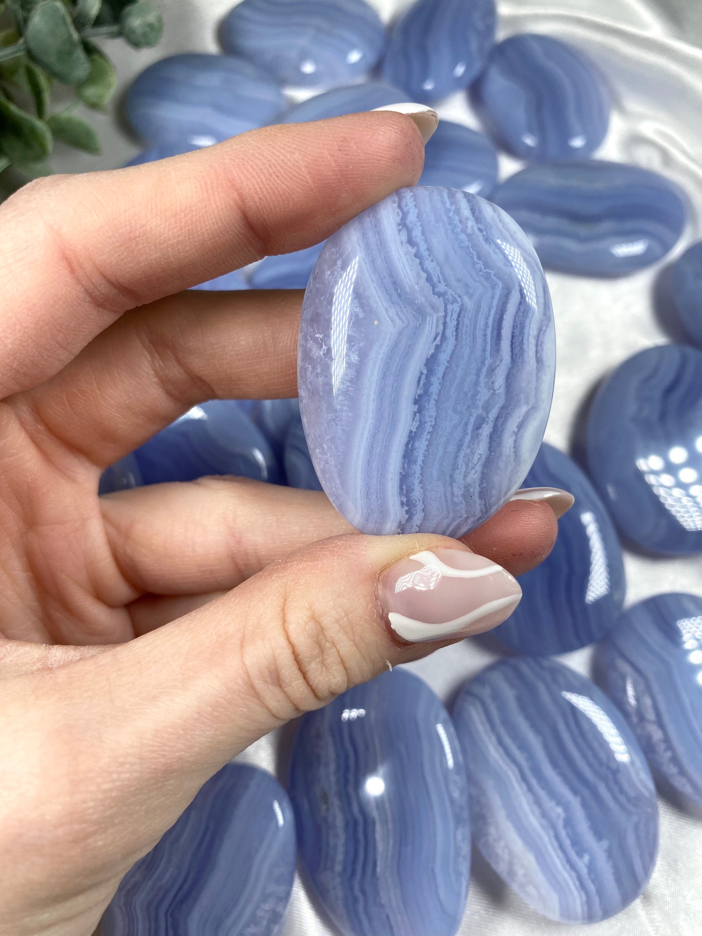 Blue Lace Agate Palmstone - calming crystal palm or pocket stone