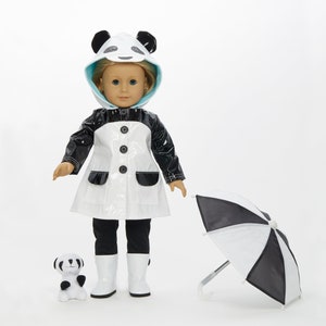 18" Doll clothes- Winter PANDA RAINCOAT: 5 pc set doll clothes, Coat, Leggings, Boots, Working Umbrella, Plush Toy-