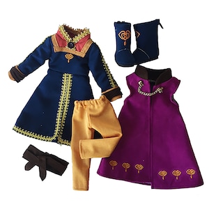 May include: A doll outfit set with a blue and gold jacket, yellow pants, a purple cape, and blue boots. The outfit features a gold chain and embroidered details.