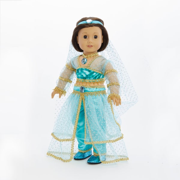 18 inch doll clothes, Jasmin inspired beautiful teal outfit, 5 pieces included, shoes and necklace included - Girl American