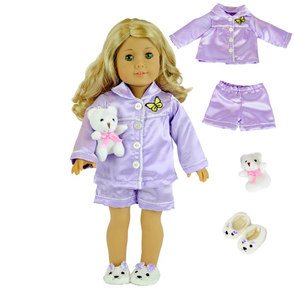 18" Doll Clothes: 4 Pc. Spring Sleepwear Pajamas, Lavender Satin with Teddy Slippers, Plush Teddy Bear toy.