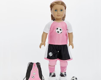 SOCCER OUTFIT WITH  MATCHING BAG FITS AMERICAN GIRL DOLL/BITTY BABY ORANGE  NEW 