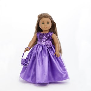 18" doll clothes- 18" Doll Dress: 2 pc Purple dress- Includes Long Dress, handbag-