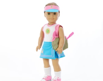 Ropa para muñeca de 45 cm - Conjunto de tenis: 8 piezas (raqueta y visera): bolso, zapatos, falda, camiseta, calcetines y pantalones cortos.