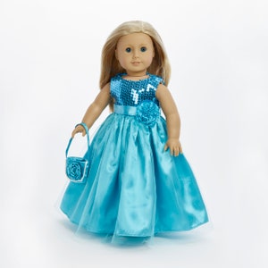 18" Doll clothes- Spring Easter Princess Dress: 2 pc Amazing Blue Long Dress, with a rosette Handbag- 18" dolls