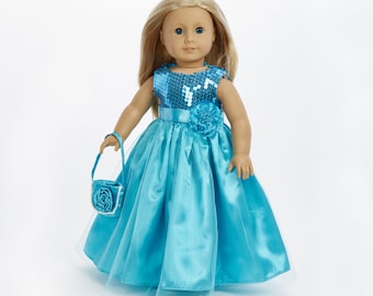 18" Doll clothes- Spring Easter Princess Dress: 2 pc Amazing Blue Long Dress, with a rosette Handbag- 18" dolls