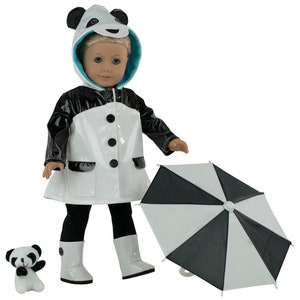 MangoPeaches 18&quot; Doll Clothes - 5 Pc Deluxe Panda RAIN Coat - Rain Panda Hood Jacket - Umbrella - Boots - Pants and a Cute Plush Panda Bear