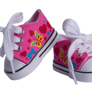 18" Doll Clothes- 18" doll shoes- Pink canvas w/ hearts and butterflies print sneakers- SHOES Made by MangoPeaches.