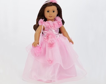 Vestido rosa navideño con flores para muñeca de 18 pulgadas, diadema de flores, pompón de pelo de gato.