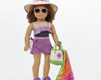 18" Doll Clothes Swimsuit Set–8-Piece Beach Outfit-top-bottom-skirt-Hat, sun glasses- Bag towel & Sandals, Holiday