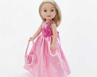 14 Inch Doll Dress – Pink sparkle holiday Gown and a Handbag