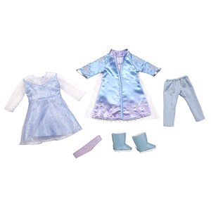 May include: A blue and purple dress, a blue coat, blue pants, a purple headband, and blue boots for a doll.