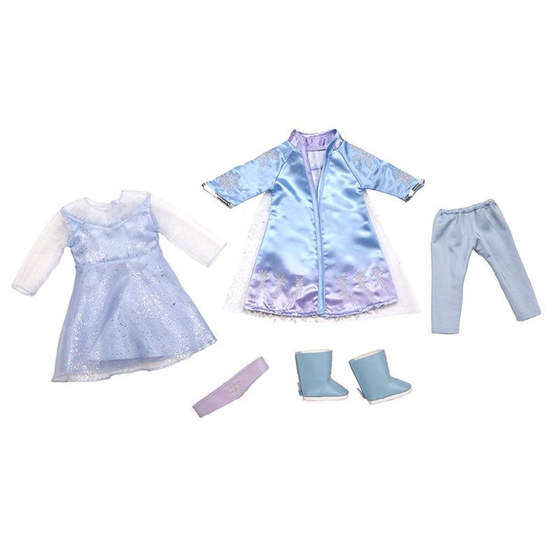 May include: A blue and purple dress, a blue coat, blue pants, a purple headband, and blue boots for a doll.