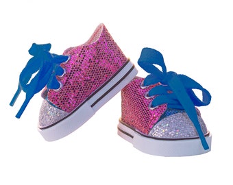 18" doll Pink sparkle glitter sneakers- 2 color shoe laces included,  fits American Girl Dolls, My life us, madam alexader, all 18" dolls, .