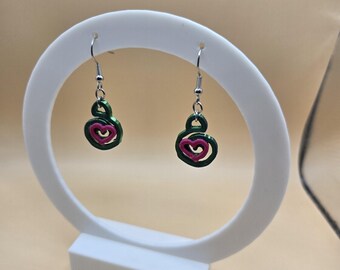 3D Printed Heart Earrings | Green & Pink Dangle Earrings | Lightweight Handmade Jewelry | Original Neroartstudio Design