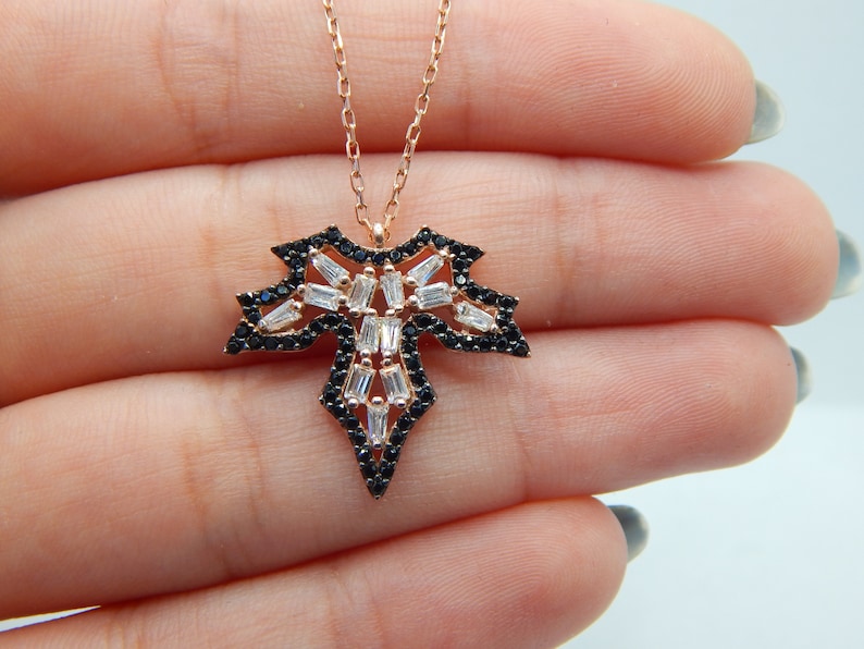 Maple Leaf Necklace Baguette Zircon Onyx Rose Gold plated 925 Sterling Silver Autumn Thanksgiving gifts for her sister mother