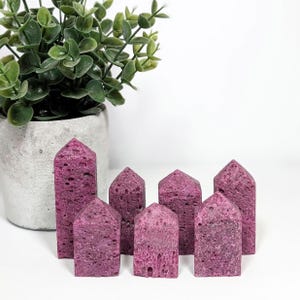 May include: Seven pink-purple crystal towers of varying heights. The crystals have a textured surface and are arranged in front of a potted green plant. The crystals are on a white background.