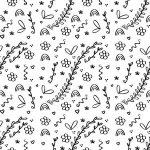 以下が含まれることがあります： 花、葉、ハート、虹、渦巻きなど、さまざまな手描き要素が描かれた白黒のシームレスパターンです。