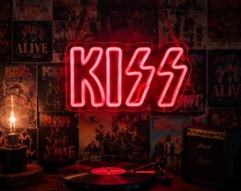 Neonreclame KISS, op rockband geïnspireerde led-wandlamp, decor muziekkamer, neonbord man Cave, kunst aan de muur thuisbar, decor concert 11,8 x 6,5
