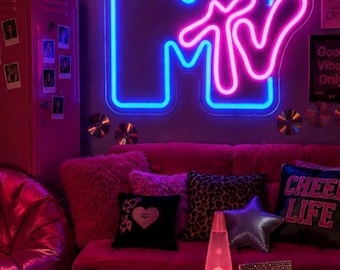 Neonreclame geïnspireerd op MTV 12,9 x 10,2 inch | Retro jaren 80 en 90 muziekkamerdecoratie | Gen X nostalgie led | Gameroom, bar, slaapzaal, studio en mangrotdecor