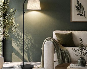 Dimmable Arc Floor Lamp, Adjustable Reading Light, Black Metal, Linen Shade