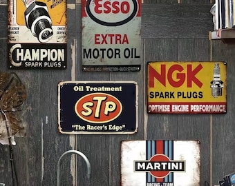 Set of 5 Vintage Oil Gas Station Metal Signs – Retro Garage Man Cave Decor