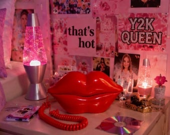 ICONISCHE Y2K rode lippen vaste telefoon | Retro pop-arttelefoon | Muurkunst tienerkamer jaren 90 | Ze schuurdecor