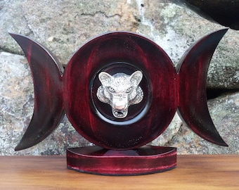 Wolf Triple Moon Ornament: Mahogany Stained Reclaimed Wood, Wiccan Decor