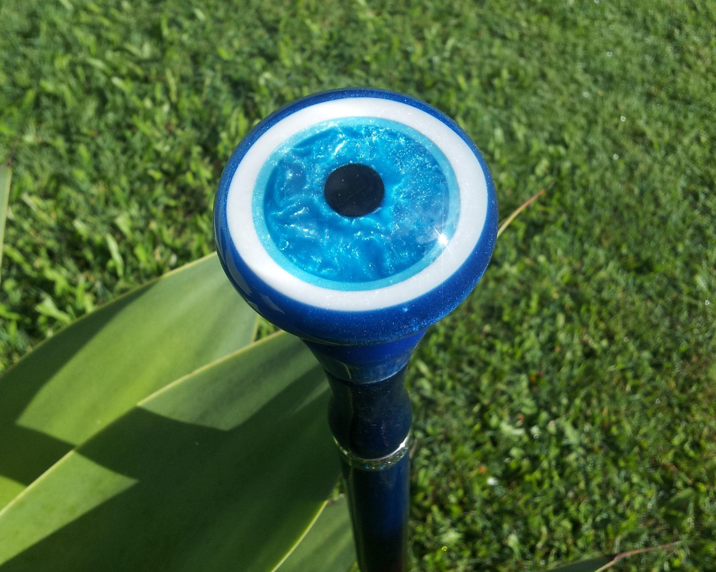 Evil Eye walking stick made with blue gum wood and resin, nazar