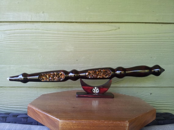 Tiger Eye spruce wood wand with a clear quartz crystal point + crescent moon pentacle stand