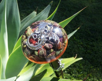Dragon walking stick made with mahogany stained oak with bloodstone top, designer walking stick