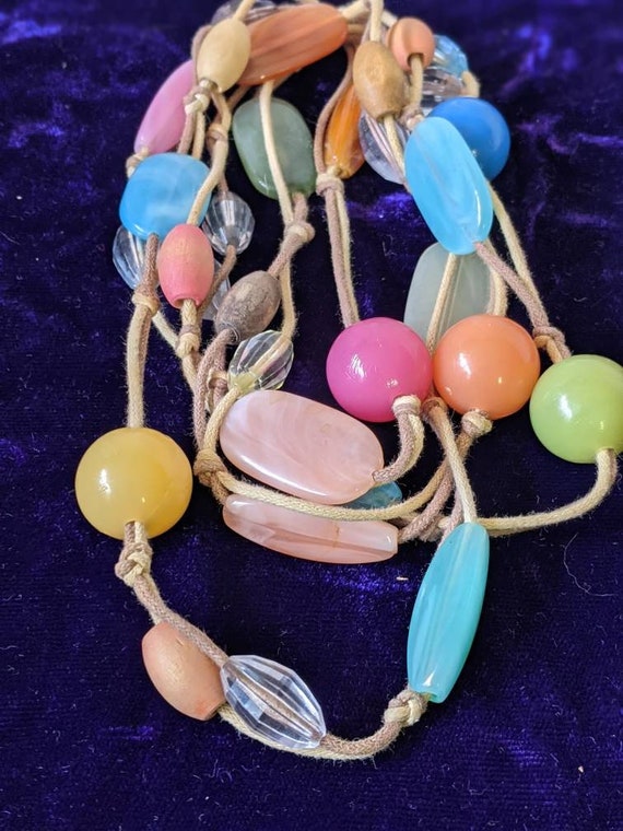 Seventies Long Bead Necklace, Pastel Edwardian Le… - image 7